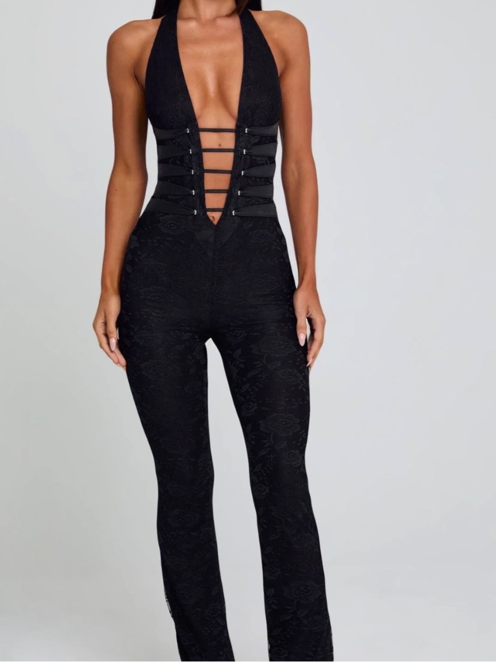 Black Halter Lace-Up Textured Jumpsuit